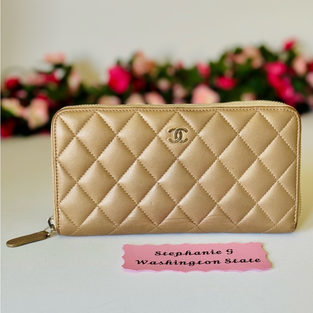 Chanel Gold Quilted Lambskin Zip Around Wallet